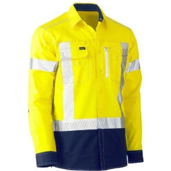 BISLEY FLEX & MOVE TWO TONE HI VIS STRETCH UTILITY LS SHIRT YELLOW/NAVY