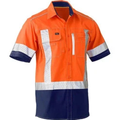 BISLEY FLEX & MOVE TWO TONE HI VIS STRETCH UTILITY SS SHIRT ORANGE/NAVY