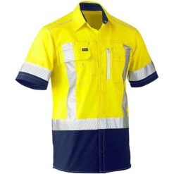 BISLEY FLEX & MOVE TWO TONE HI VIS STRETCH UTILITY SS SHIRT YELLOW/NAVY