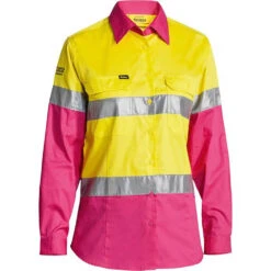 BISLEY WOMENS 3M TAPED HI VIS COOL LIGHTWEIGHT SHIRT YELLOW/PINK