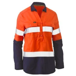 BISLEY WOMENS TAPED HI VIS STRETCH V-NECK CLOSED FRONT LS SHIRT