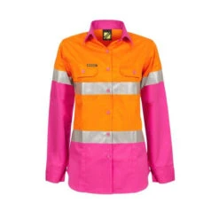 WORKCRAFT LADIES LIGHTWEIGHT HI VIS TWO TONE LONG SLEEVE SHIRT REFLECTIVE TAPE - PINK/ORANGE
