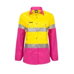 WORKCRAFT LADIES LIGHTWEIGHT HI VIS TWO TONE LONG SLEEVE SHIRT REFLECTIVE TAPE - PINK/YELLOW